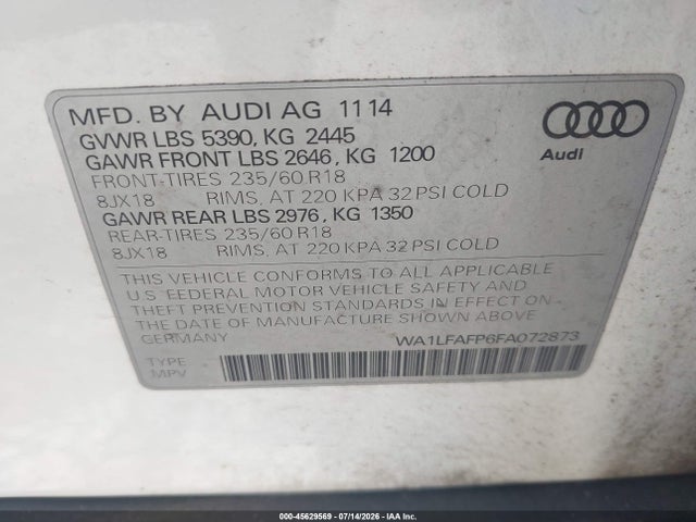 Продаж на аукціоні авто 2015 Audi Q5 2.0t Premium, vin: WA1LFAFP6FA072873, номер лоту: 45629569