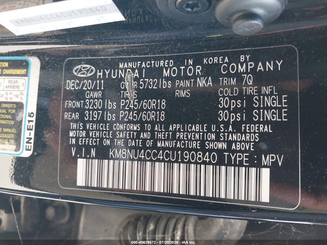 Продаж на аукціоні авто 2012 Hyundai Veracruz Limited, vin: KM8NU4CC4CU190840, номер лоту: 45629572