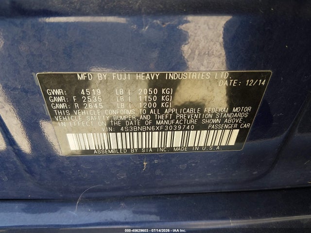 Продаж на аукціоні авто 2015 Subaru Legacy 2.5i Limited, vin: 4S3BNBN6XF3039740, номер лоту: 45629603