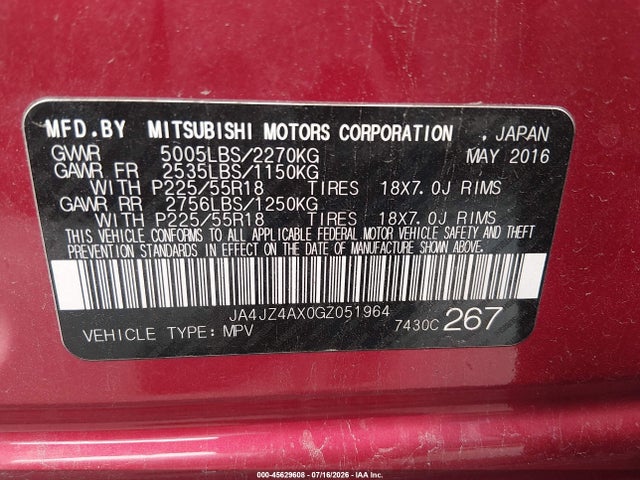 45629608 :رقم المزاد ، JA4JZ4AX0GZ051964 vin ، 2016 Mitsubishi Outlander Gt مزاد بيع
