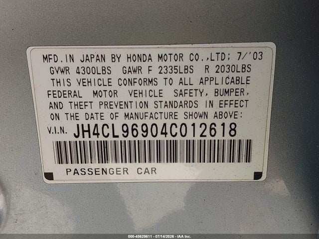 Aukcja sprzedaży 2004 Acura Tsx, vin: JH4CL96904C012618, numer aukcji: 45629611