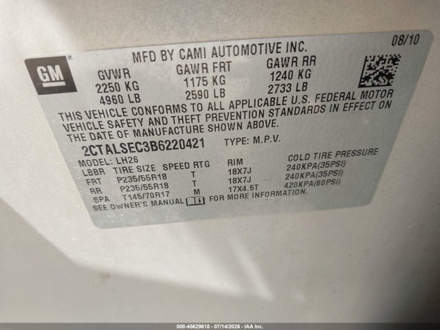 45629618 :رقم المزاد ، 2CTALSEC3B6220421 vin ، 2011 Gmc Terrain Sle-2 مزاد بيع