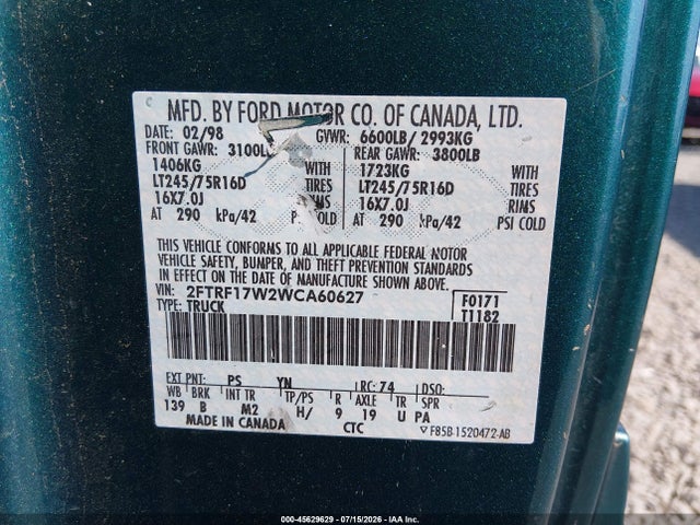 Aukcja sprzedaży 1998 Ford F-150 Lariat/standard/xl/xlt, vin: 2FTRF17W2WCA60627, numer aukcji: 45629629