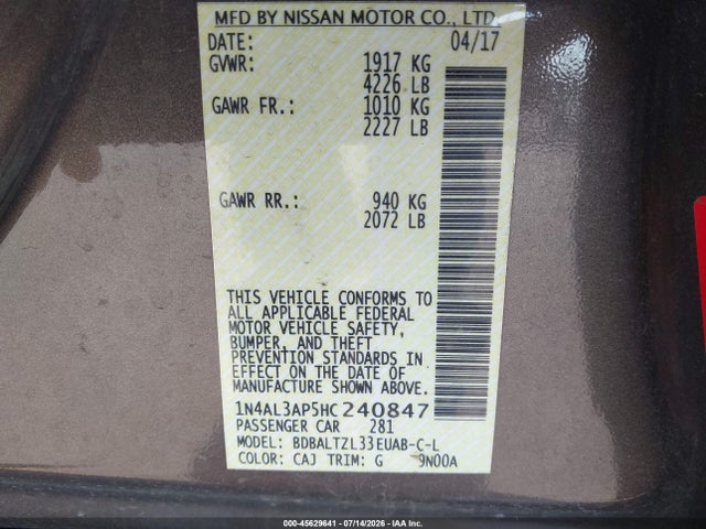Aukcja sprzedaży 2017 Nissan Altima 2.5 Sl, vin: 1N4AL3AP5HC240847, numer aukcji: 45629641