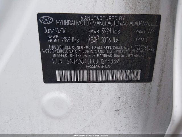 Aukcja sprzedaży 2018 Hyundai Elantra Value Edition, vin: 5NPD84LF8JH244839, numer aukcji: 45629646