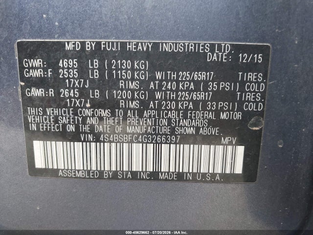 Продаж на аукціоні авто 2016 Subaru Outback 2.5i Premium, vin: 4S4BSBFC4G3266397, номер лоту: 45629662