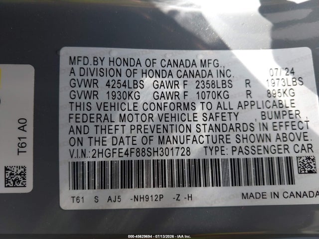 2HGFE4F88SH301728 Honda Civic Hybrid Sport/sport Touring