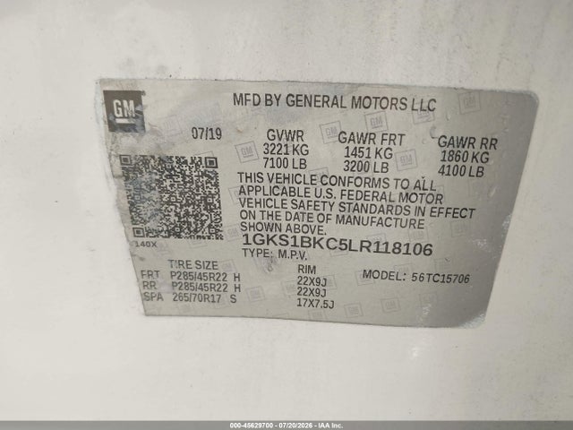 Aukcja sprzedaży 2020 Gmc Yukon 2wd Slt, vin: 1GKS1BKC5LR118106, numer aukcji: 45629700