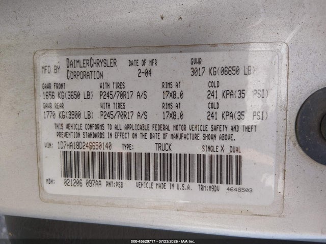 Aukcja sprzedaży 2004 Dodge Ram 1500 Slt/laramie, vin: 1D7HA18D24S650140, numer aukcji: 45629717