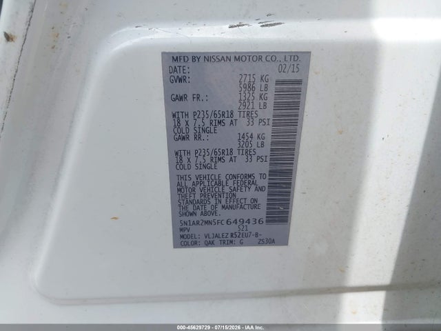 Продажа на аукционе авто 2015 Nissan Pathfinder Platinum/s/sl/sv, vin: 5N1AR2MN5FC649436, номер лота: 45629729