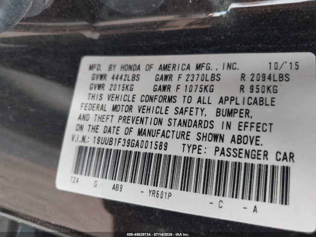 45629734 :رقم المزاد ، 19UUB1F39GA001589 vin ، 2016 Acura Tlx مزاد بيع