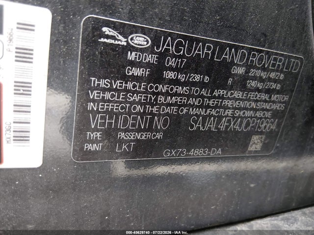 45629740 :رقم المزاد ، SAJAL4FX4JCP19664 vin ، 2018 Jaguar Xe 25t R-sport مزاد بيع
