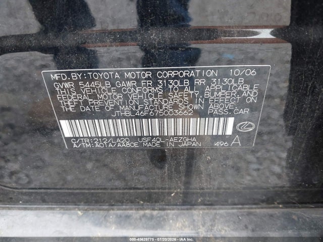 Aukcja sprzedaży 2007 Lexus Ls 460, vin: JTHBL46F675003662, numer aukcji: 45629775