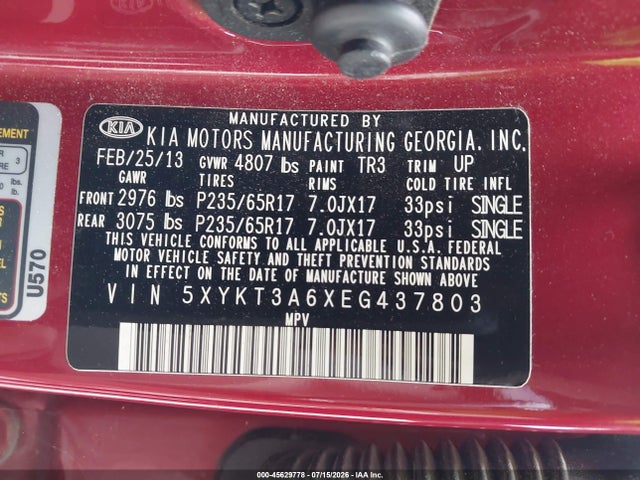 Aukcja sprzedaży 2014 Kia Sorento Lx, vin: 5XYKT3A6XEG437803, numer aukcji: 45629778