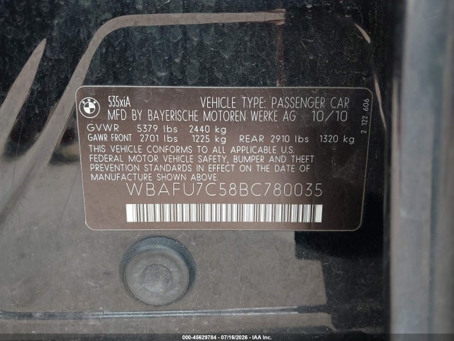 Продажа на аукционе авто 2011 Bmw 535i Xdrive, vin: WBAFU7C58BC780035, номер лота: 45629784