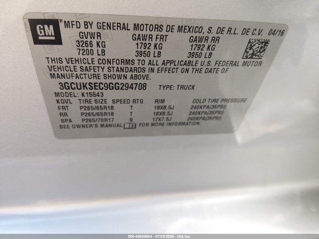 45629804 :رقم المزاد ، 3GCUKSEC9GG294708 vin ، 2016 Chevrolet Silverado 1500 Ltz مزاد بيع
