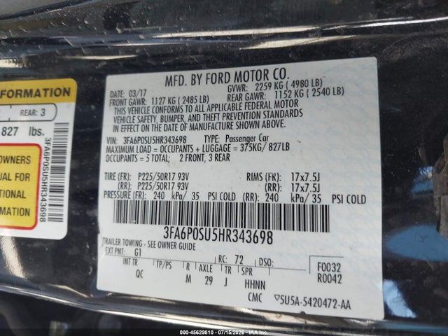 3FA6P0SU5HR343698 Ford Fusion Energi Platinum