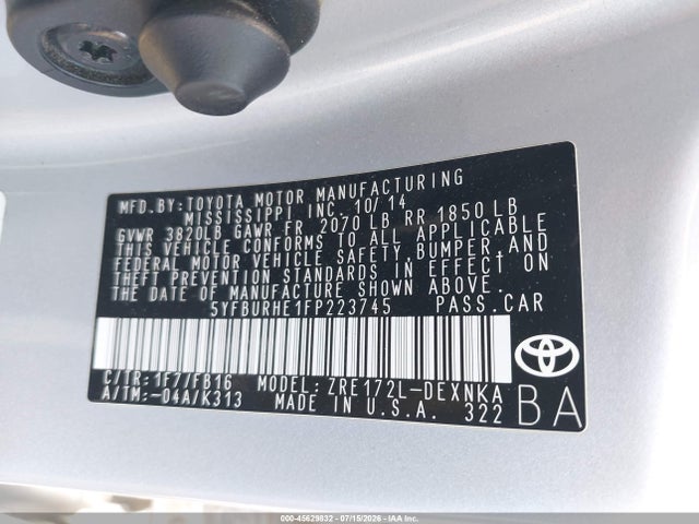 Toyota COROLLA LE 2015 5YFBURHE1FP223745 Image 9
