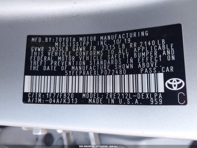 5YFEPRAEXLP072480 Toyota COROLLA LE
