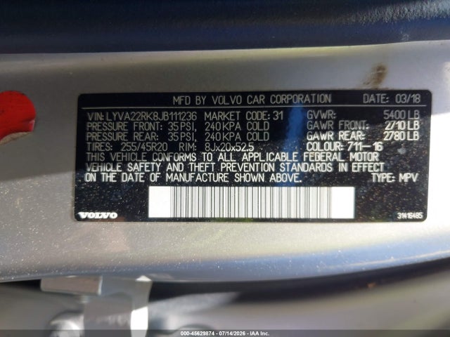 Aukcja sprzedaży 2018 Volvo Xc60 T6 Momentum, vin: LYVA22RK8JB111236, numer aukcji: 45629874