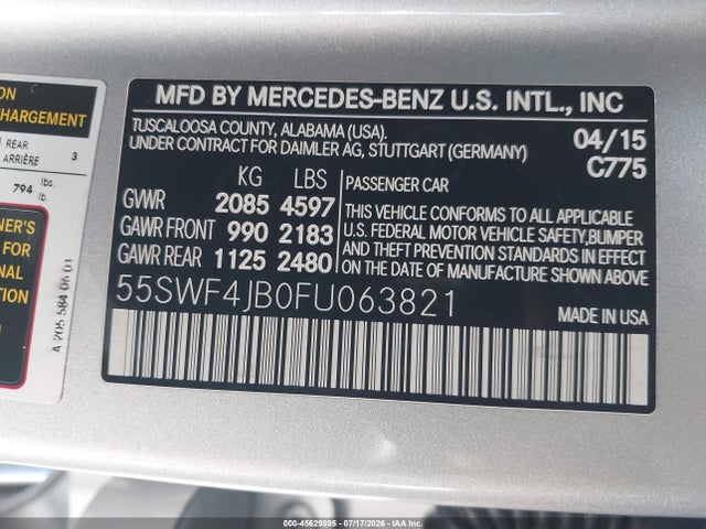 45629895 :رقم المزاد ، 55SWF4JB0FU063821 vin ، 2015 Mercedes-benz C 300 Sport مزاد بيع