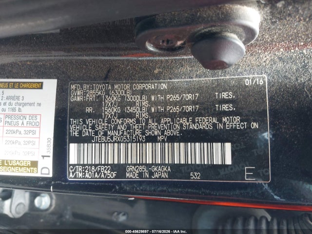 Toyota 4RUNNER SR5 2016 JTEBU5JRXG5315193 Image 9