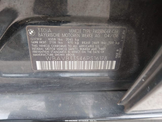 45629899 :رقم المزاد ، WBAVB33546PS16178 vin ، 2006 Bmw 330i مزاد بيع