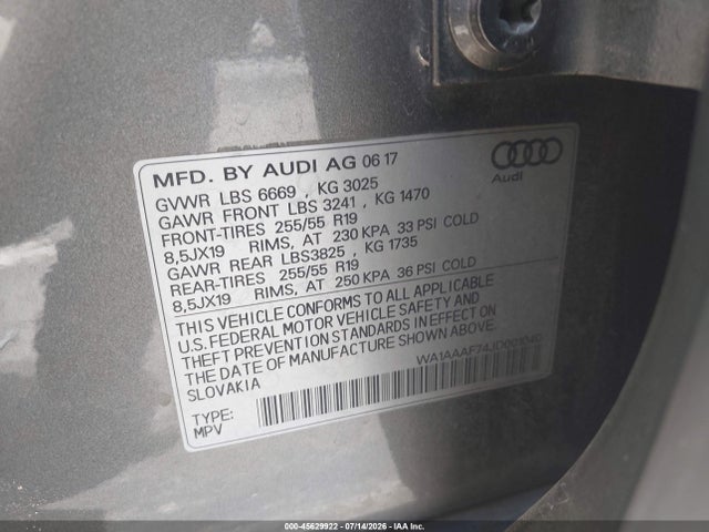 Продажа на аукционе авто 2018 Audi Q7 3.0t Premium, vin: WA1AAAF74JD001040, номер лота: 45629922