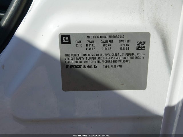 2013 Chevrolet Cruze 1lt Auto მანქანა იყიდება აუქციონზე, vin: 1G1PC5SB1D7268515, აუქციონის ნომერი: 45629929