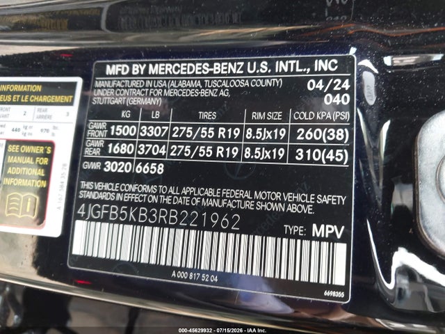 Aukcja sprzedaży 2024 Mercedes-benz Gle 450 4matic, vin: 4JGFB5KB3RB221962, numer aukcji: 45629932
