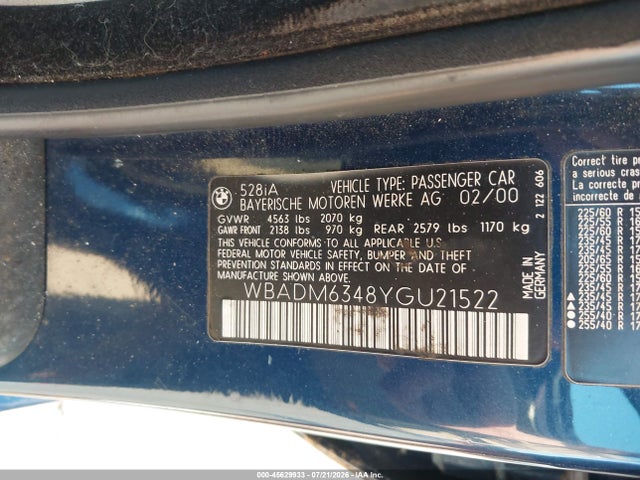 Aukcja sprzedaży 2000 Bmw 528ia, vin: WBADM6348YGU21522, numer aukcji: 45629933