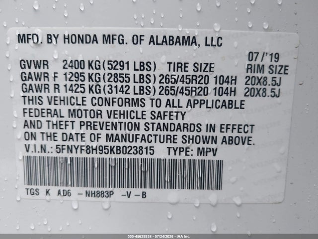 5FNYF8H95KB023815 Honda Passport Touring