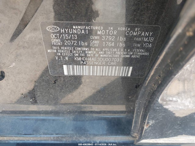 2013 Hyundai Elantra Gls მანქანა იყიდება აუქციონზე, vin: KMHDH4AE3DU007031, აუქციონის ნომერი: 45629943