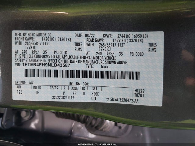 Ford Ranger Xlt 2022 1FTER4FH9NLD43587 Image 9