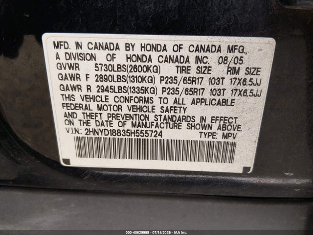 2005 Acura Mdx მანქანა იყიდება აუქციონზე, vin: 2HNYD18835H555724, აუქციონის ნომერი: 45629959