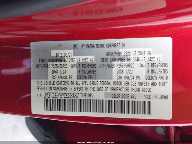 Aukcja sprzedaży 2021 Mazda Cx-9 Signature, vin: JM3TCBEY9M0523187, numer aukcji: 45629970