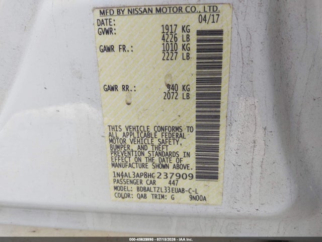 Aukcja sprzedaży 2017 Nissan Altima 2.5 Sl, vin: 1N4AL3AP8HC237909, numer aukcji: 45629990