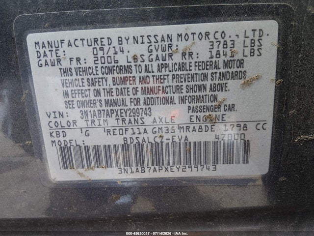 Aukcja sprzedaży 2014 Nissan Sentra S, vin: 3N1AB7APXEY299743, numer aukcji: 45630017