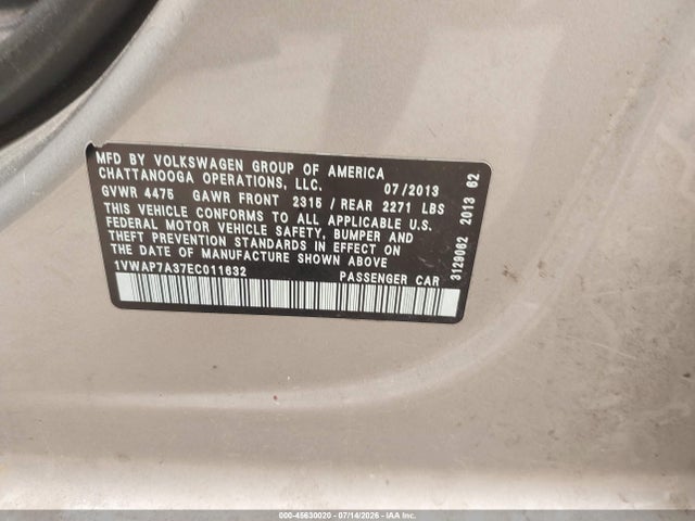 Продаж на аукціоні авто 2014 Volkswagen Passat 2.5l S, vin: 1VWAP7A37EC011632, номер лоту: 45630020