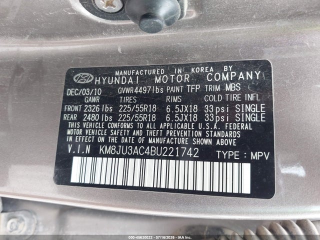 45630022 :رقم المزاد ، KM8JU3AC4BU221742 vin ، 2011 Hyundai Tucson Limited مزاد بيع