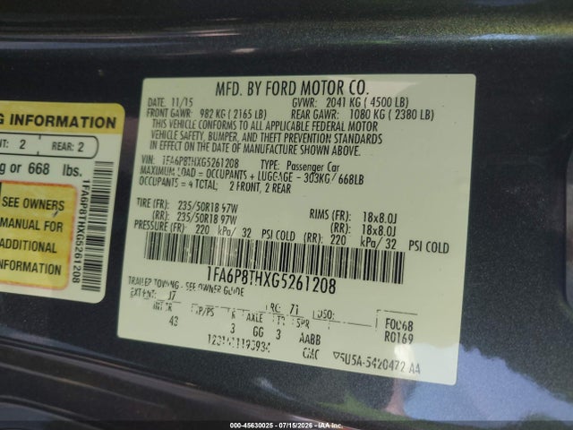 Ford Mustang Ecoboost 2016 1FA6P8THXG5261208 Image 9