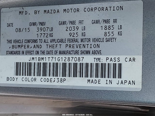 Aukcja sprzedaży 2016 Mazda Mazda3 I Sport, vin: JM1BM1T71G1287087, numer aukcji: 45630032