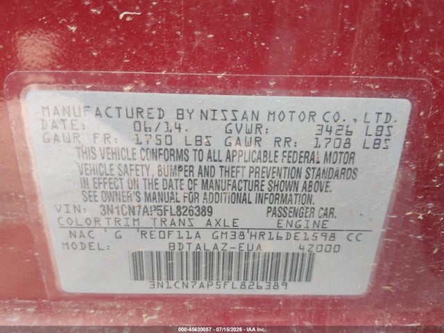 45630057 :رقم المزاد ، 3N1CN7AP5FL826389 vin ، 2015 Nissan Versa 1.6 S+ مزاد بيع