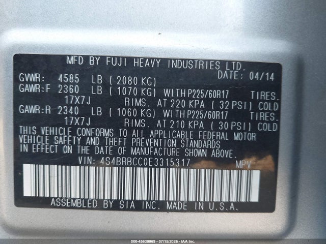 2014 Subaru Outback 2.5i Premium მანქანა იყიდება აუქციონზე, vin: 4S4BRBCC0E3315317, აუქციონის ნომერი: 45630069