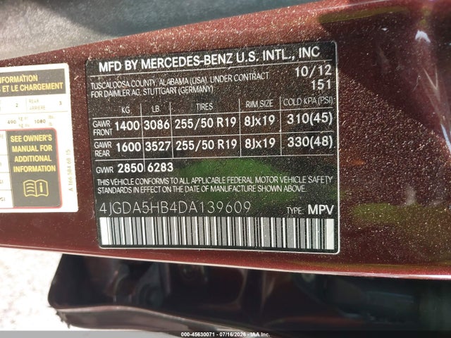 2013 Mercedes-benz Ml 350 4matic მანქანა იყიდება აუქციონზე, vin: 4JGDA5HB4DA139609, აუქციონის ნომერი: 45630071