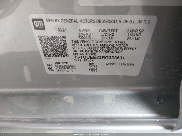 45630073 :رقم المزاد ، 3GTUUEE81RG323631 vin ، 2024 Gmc Sierra 1500 4wd  Short Box At4 مزاد بيع