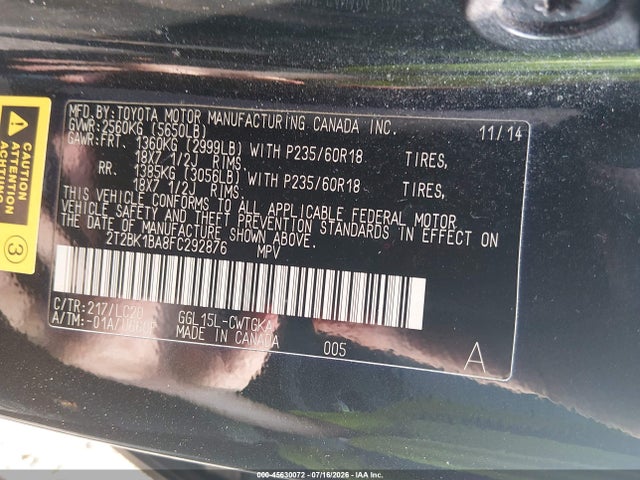 Продаж на аукціоні авто 2015 Lexus Rx 350, vin: 2T2BK1BA8FC292876, номер лоту: 45630072