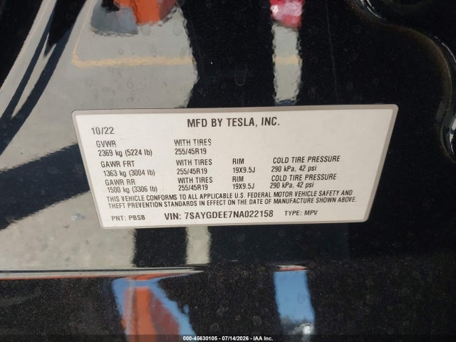 Продаж на аукціоні авто 2022 Tesla Model Y Long Range Dual Motor All-wheel Drive, vin: 7SAYGDEE7NA022158, номер лоту: 45630105