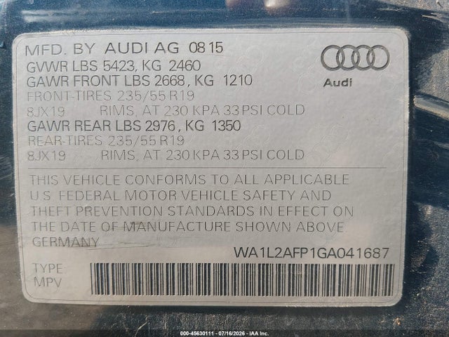45630111 :رقم المزاد ، WA1L2AFP1GA041687 vin ، 2016 Audi Q5 2.0t Premium مزاد بيع