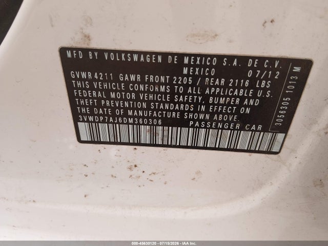 Продаж на аукціоні авто 2013 Volkswagen Jetta 2.5l Se, vin: 3VWDP7AJ6DM360306, номер лоту: 45630120